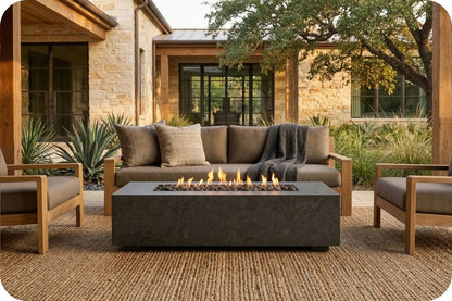Outdoor patio furniture set with a rectangular fire pit table in the center, a three-seat sofa with cushions and a throw blanket, and two matching armchairs, arranged on a woven rug in front of a stone house.