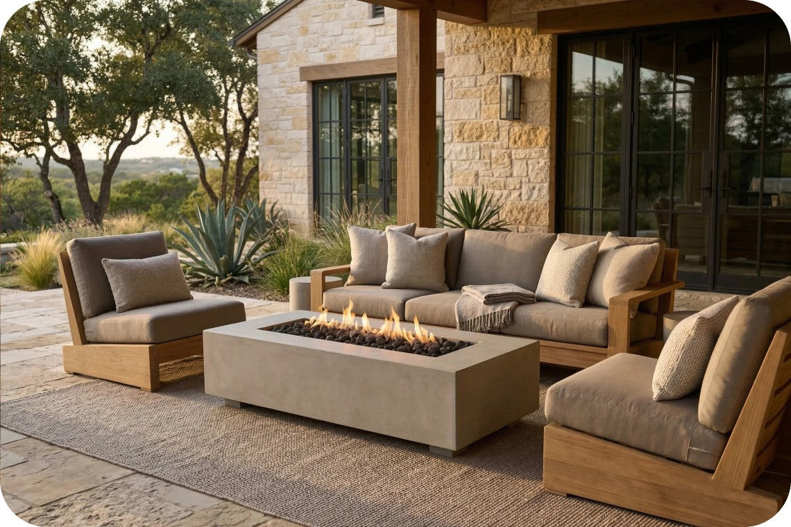 Outdoor patio furniture set with a rectangular concrete fire pit table, a three-seat sofa, and two matching armchairs in a modern home setting.