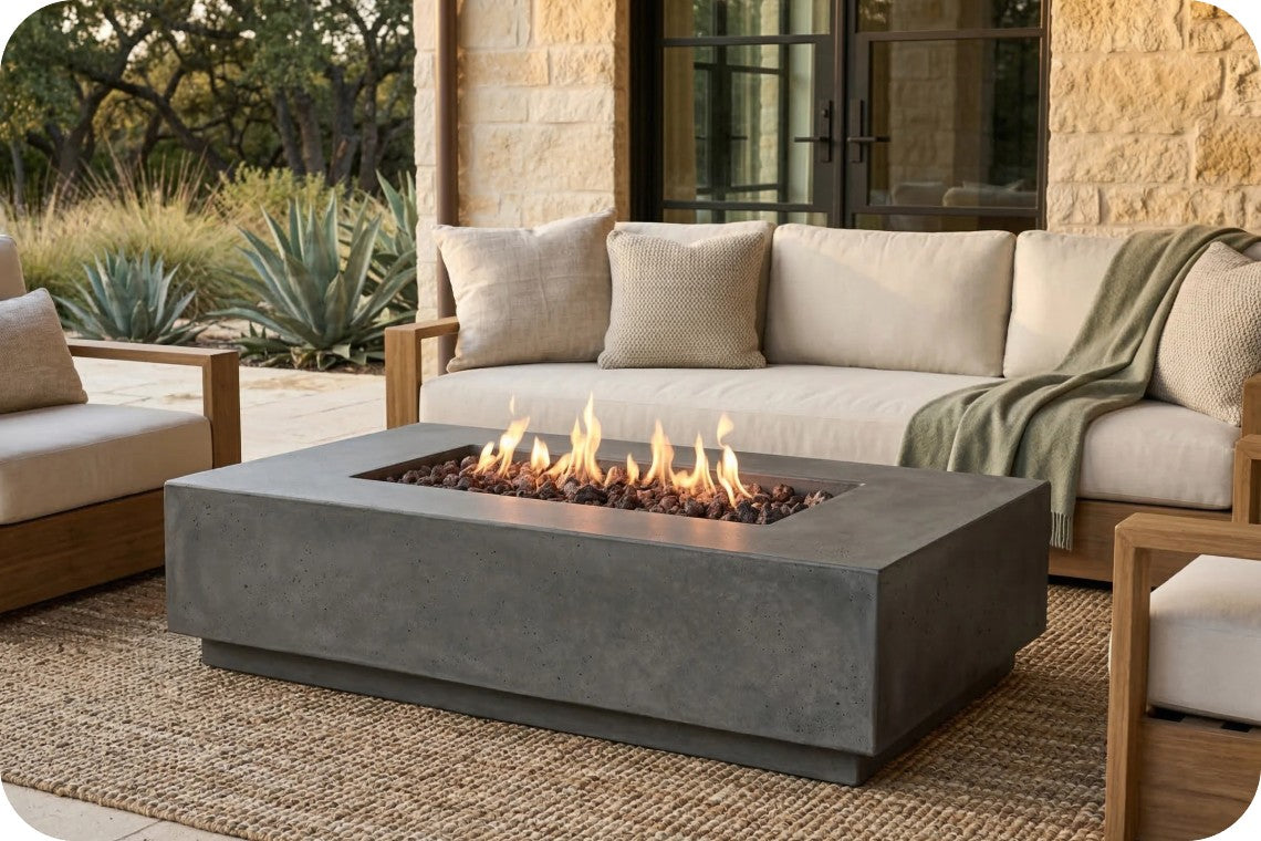 A rectangular concrete outdoor fire pit table with active flames, set on a woven rug in front of a light beige patio sofa with cushions and a throw blanket.