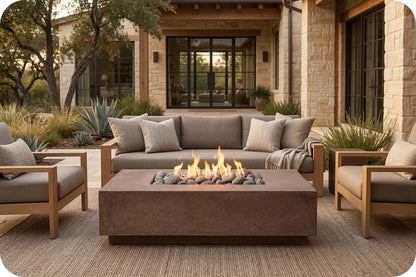 Outdoor patio furniture set with a rectangular fire pit coffee table in the center, a three-seat sofa with beige cushions, and two matching armchairs, arranged on a woven rug in front of a stone house.