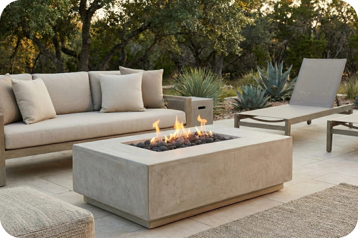 Modern outdoor patio furniture set featuring a rectangular concrete fire pit table with active flames, a beige sectional sofa with matching pillows, and a matching lounge chair on a stone patio with trees in the background.