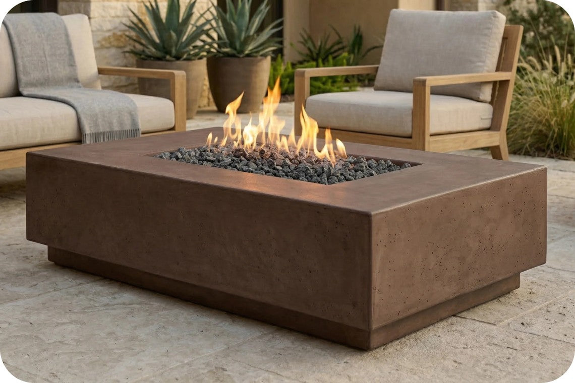 A square concrete fire pit table with a rectangular firebox, shown lit with flames and dark river rocks on an outdoor patio. Modern outdoor furniture and potted plants are visible in the background.