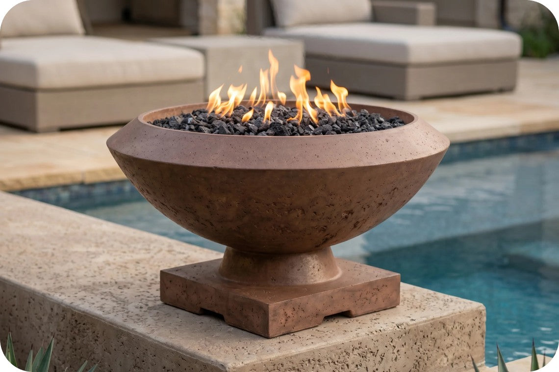 A round concrete fire pit with a pedestal base, filled with black river rocks and lit flames, situated on a stone ledge next to a swimming pool.
