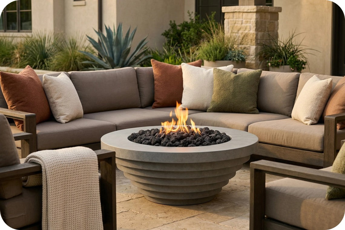 Outdoor patio seating set with a curved sectional sofa in taupe and beige cushions, accented with brown, cream, and olive pillows, a round concrete fire pit with black stones and visible flames, and matching armchairs on a stone tile patio.