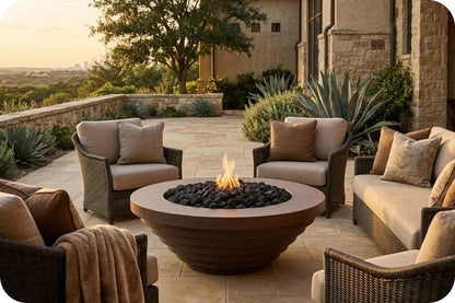 Outdoor patio conversation set with a round fire pit table in the center, surrounded by wicker armchairs and a matching sofa with beige cushions on a stone patio at sunset.
