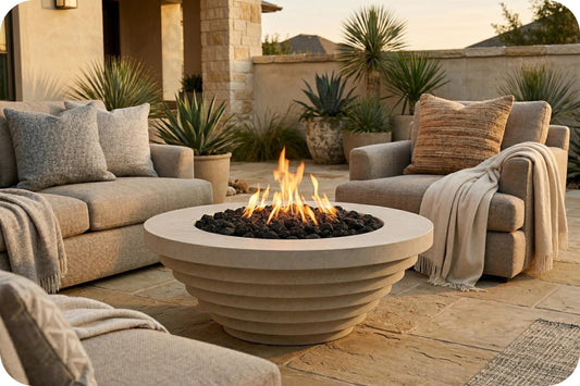 A round concrete fire pit table with black fire rocks and visible flames, centered on a stone patio between beige outdoor lounge chairs with throw blankets and pillows.