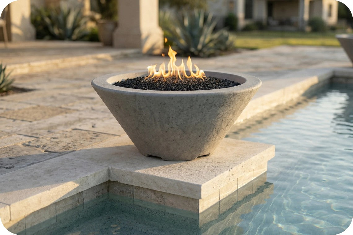 A large concrete fire pit bowl with black river rocks and bright orange flames, situated on a stone pool deck next to a swimming pool.