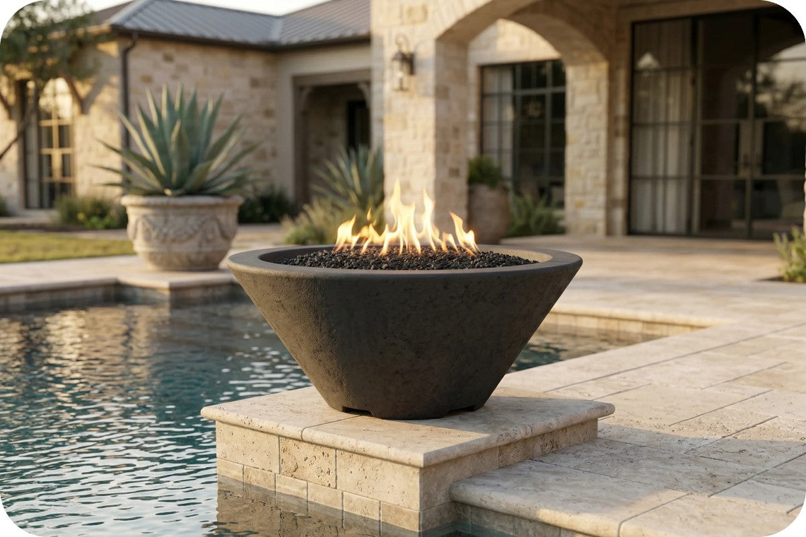 A large round outdoor fire pit bowl with active flames, filled with dark river rocks, set on a stone riser beside a swimming pool in a luxurious backyard patio setting.