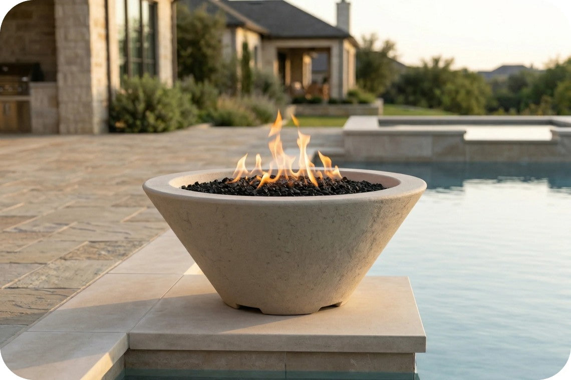 A modern conical concrete fire pit bowl with active flames, set on a stone platform next to a swimming pool in an outdoor residential setting.