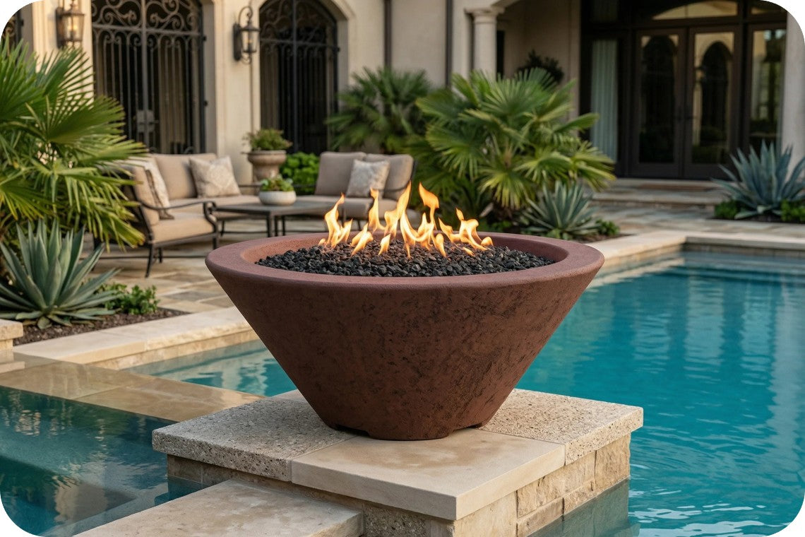 A large round outdoor fire pit bowl with a textured terracotta finish, filled with black river rocks and active flames, situated on a stone ledge next to a swimming pool in a luxurious backyard setting.